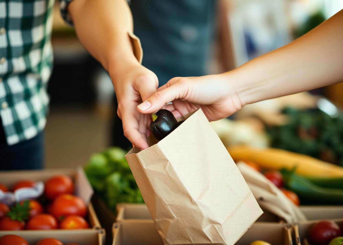 Hands exchanging a paper bag of fresh produce at a market