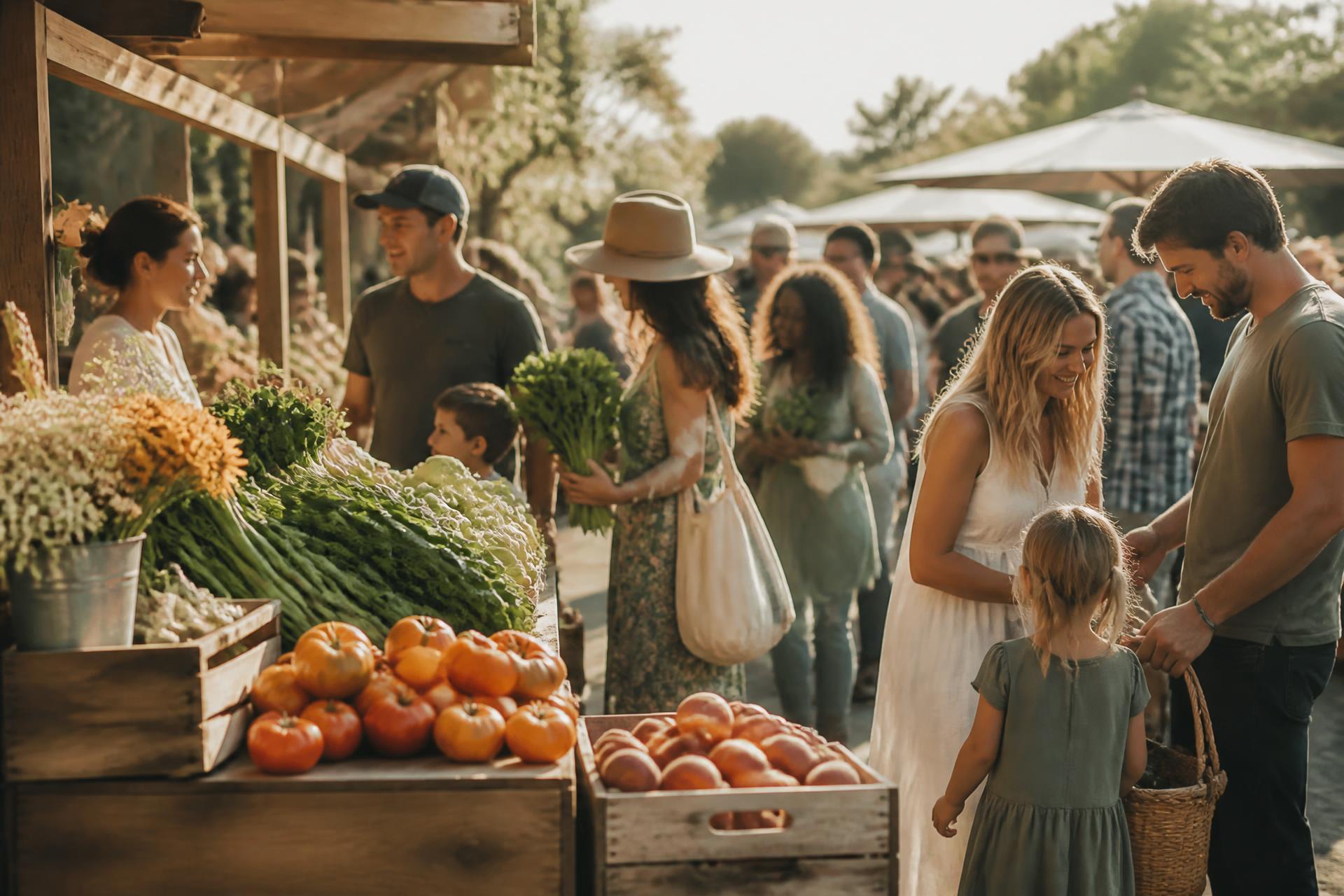 Families browsing fresh produce at an outdoor farmers market at golden hour